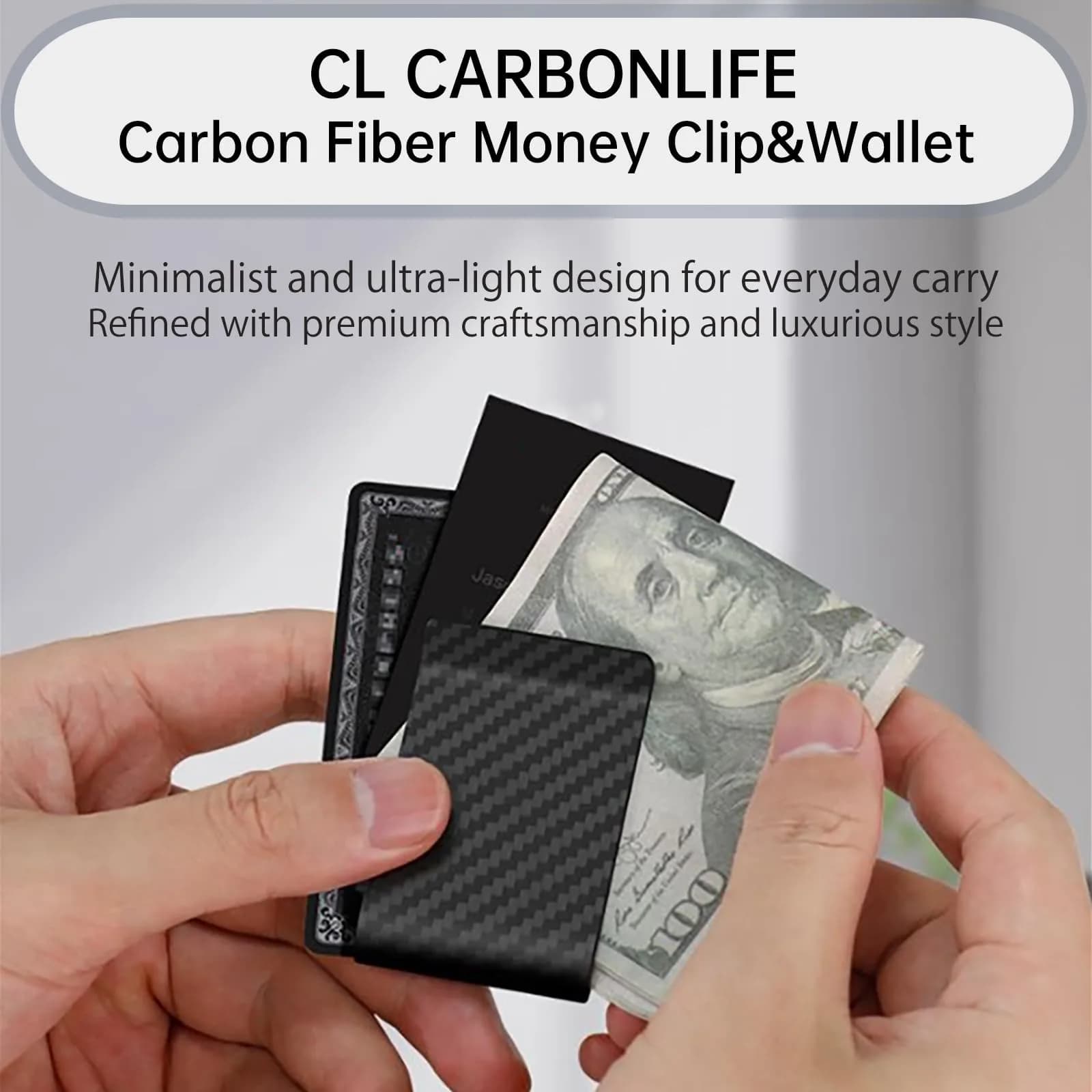 CL CARBONLIFE Matte Black Medium Carbon Fiber Money Clip Wallet | RFID Blocking Slim Card Holder - view 3