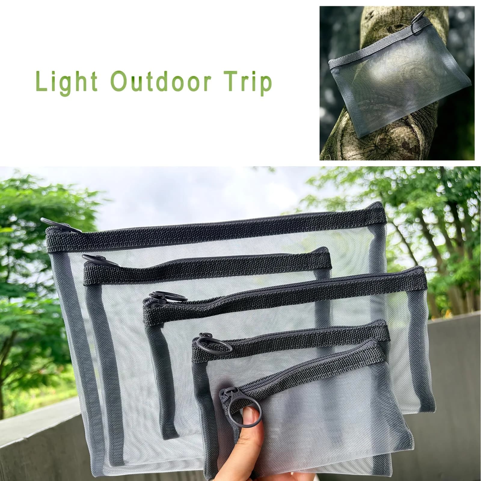 patu Zipper Mesh Bags Set of 5 (XS/S/M/L & Long Pouch) | Gray Cosmetic Travel Organizer 23.5cm x 18cm (9.25" x 7") - view 5