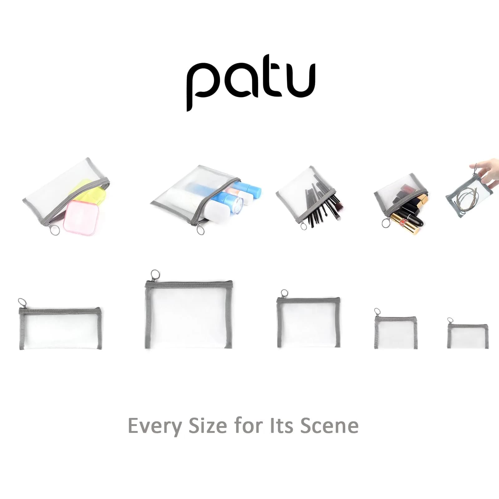 patu Zipper Mesh Bags Set of 5 (XS/S/M/L & Long Pouch) | Gray Cosmetic Travel Organizer 23.5cm x 18cm (9.25" x 7") - view 4