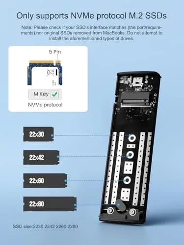 Lemorele Aluminum M.2 NVMe Enclosure, USB 3.2 Gen2 10Gbps, Tool-Free, Supports PCIe M-Key NVMe SSDs, UASP Trim, 2280/2260/2242/2230, Not SATA (70-120 chars) thumbnail 2