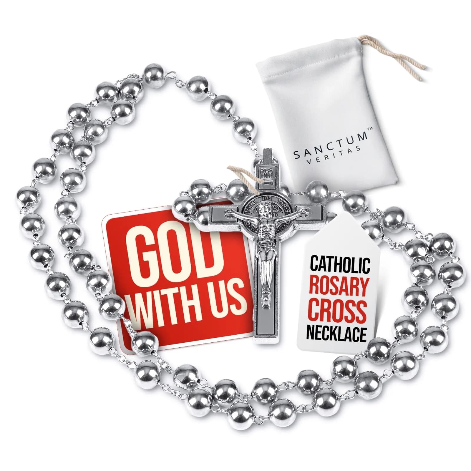 SANCTUM VERITAS Silver Steel Catholic Rosary Necklace | Large Italian Prayer Beads Gift - main product image