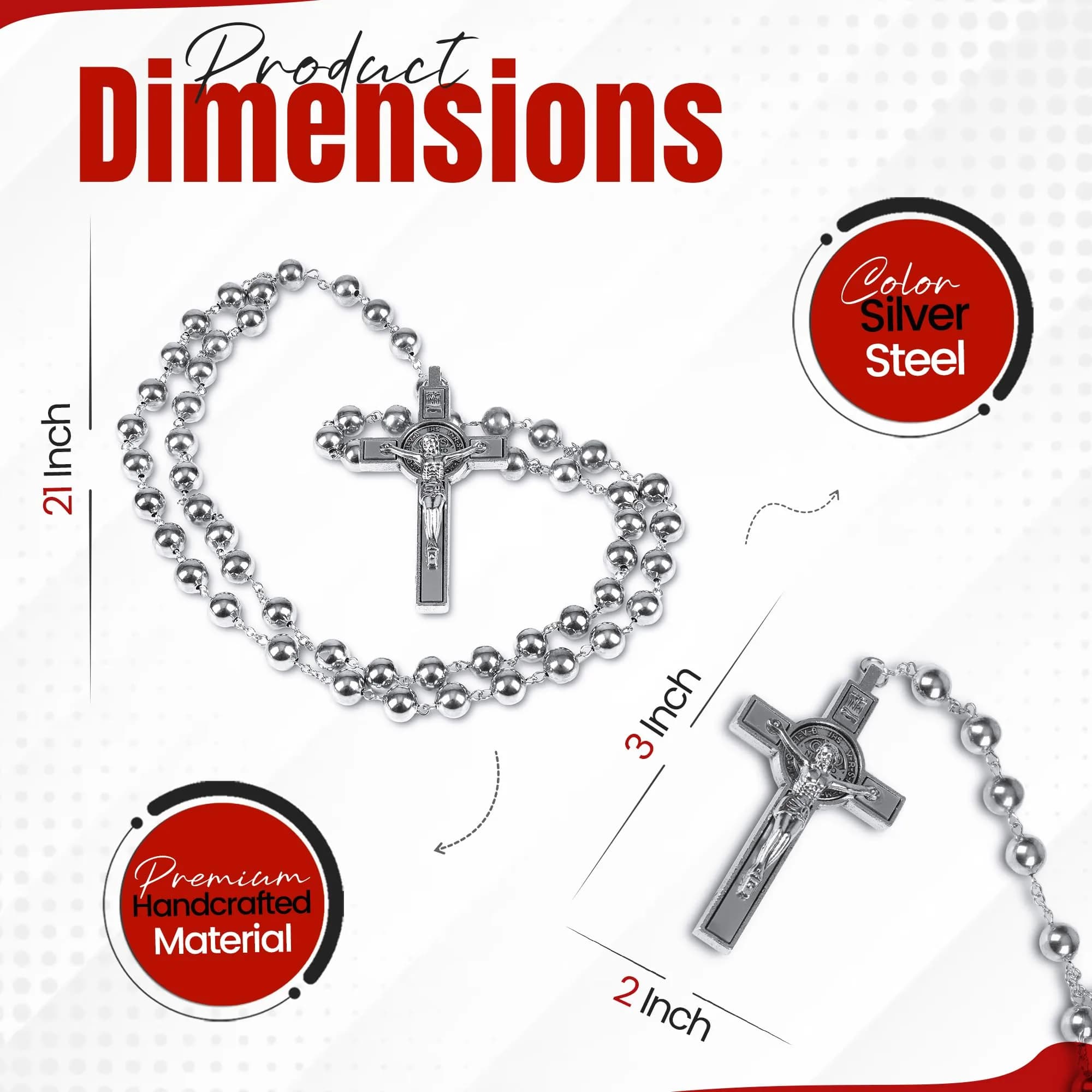 SANCTUM VERITAS Silver Steel Catholic Rosary Necklace | Large Italian Prayer Beads Gift - view 2