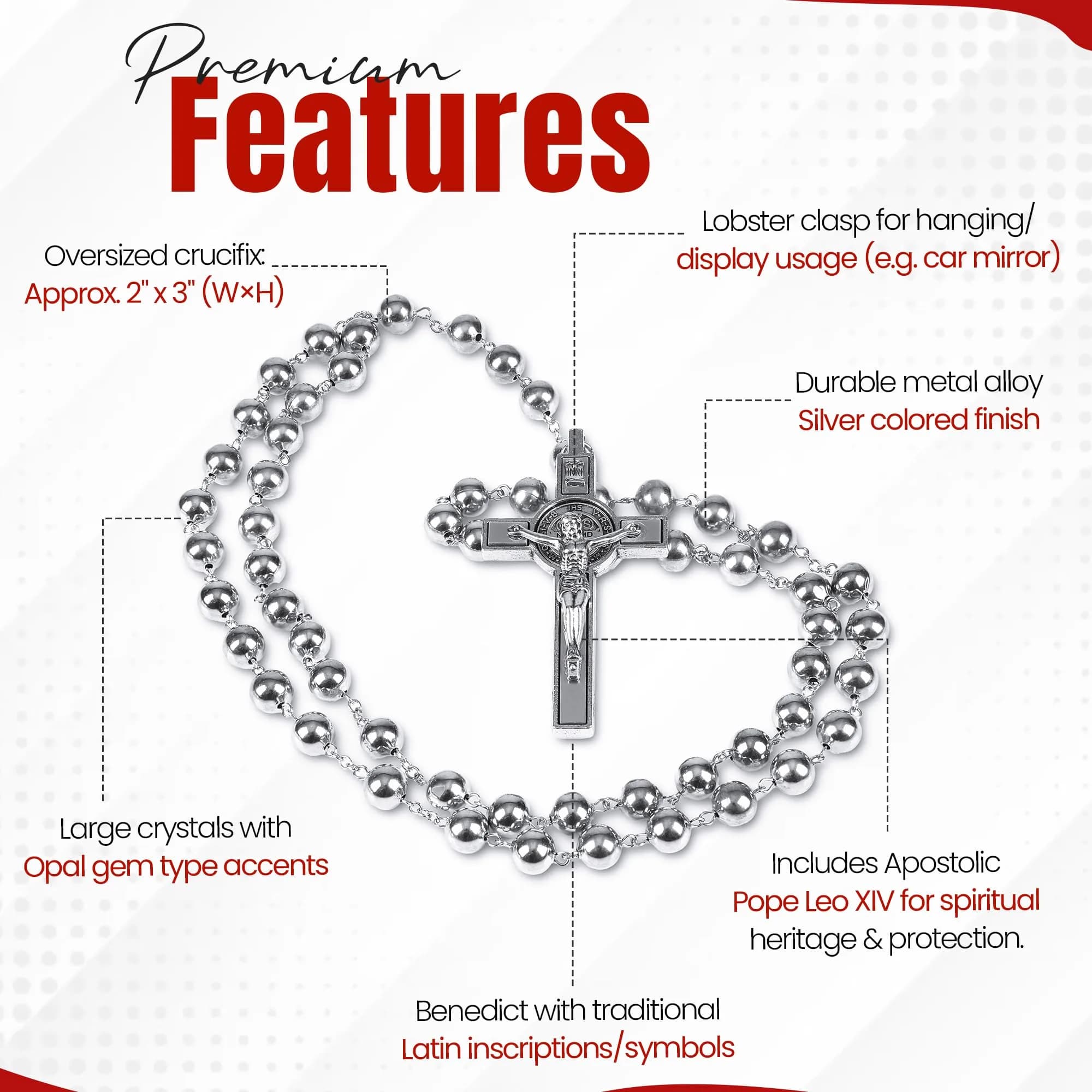 SANCTUM VERITAS Silver Steel Catholic Rosary Necklace | Large Italian Prayer Beads Gift - view 3