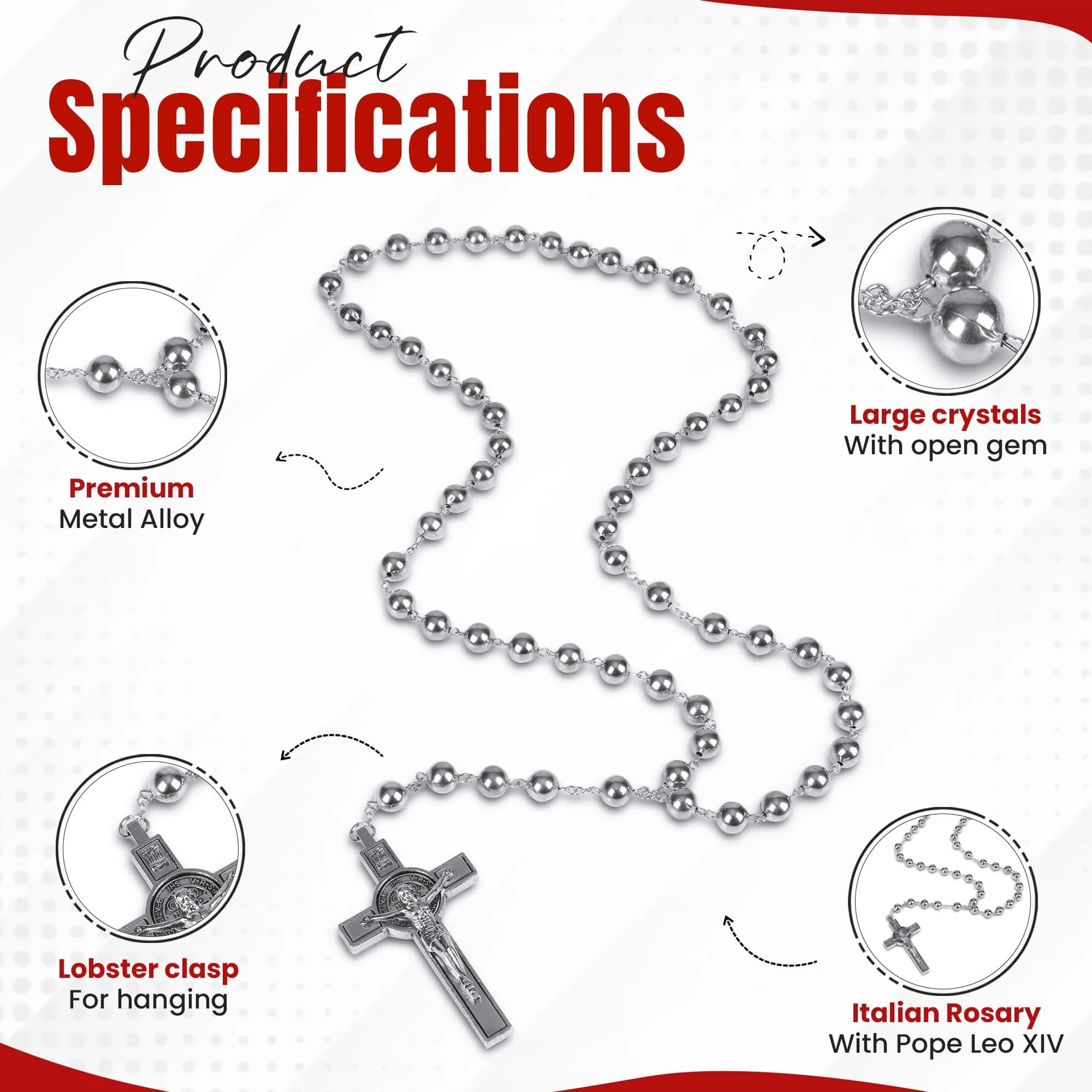 SANCTUM VERITAS Silver Steel Catholic Rosary Necklace | Large Italian Prayer Beads Gift - view 4