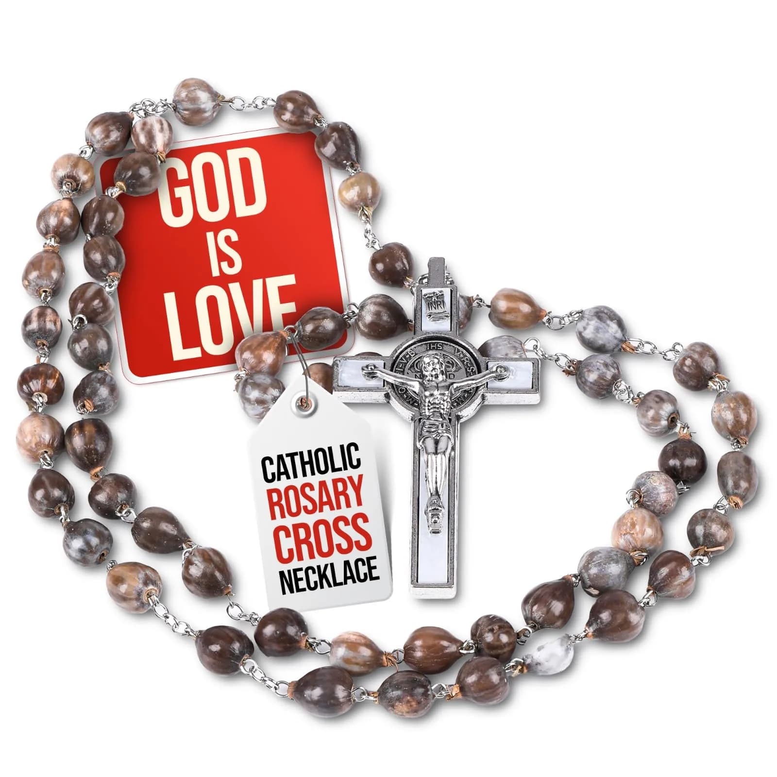 SANCTUM VERITAS Gray Seed Catholic Rosary Necklace | Large Italian Prayer Beads Gift 21.5 cm - main product image