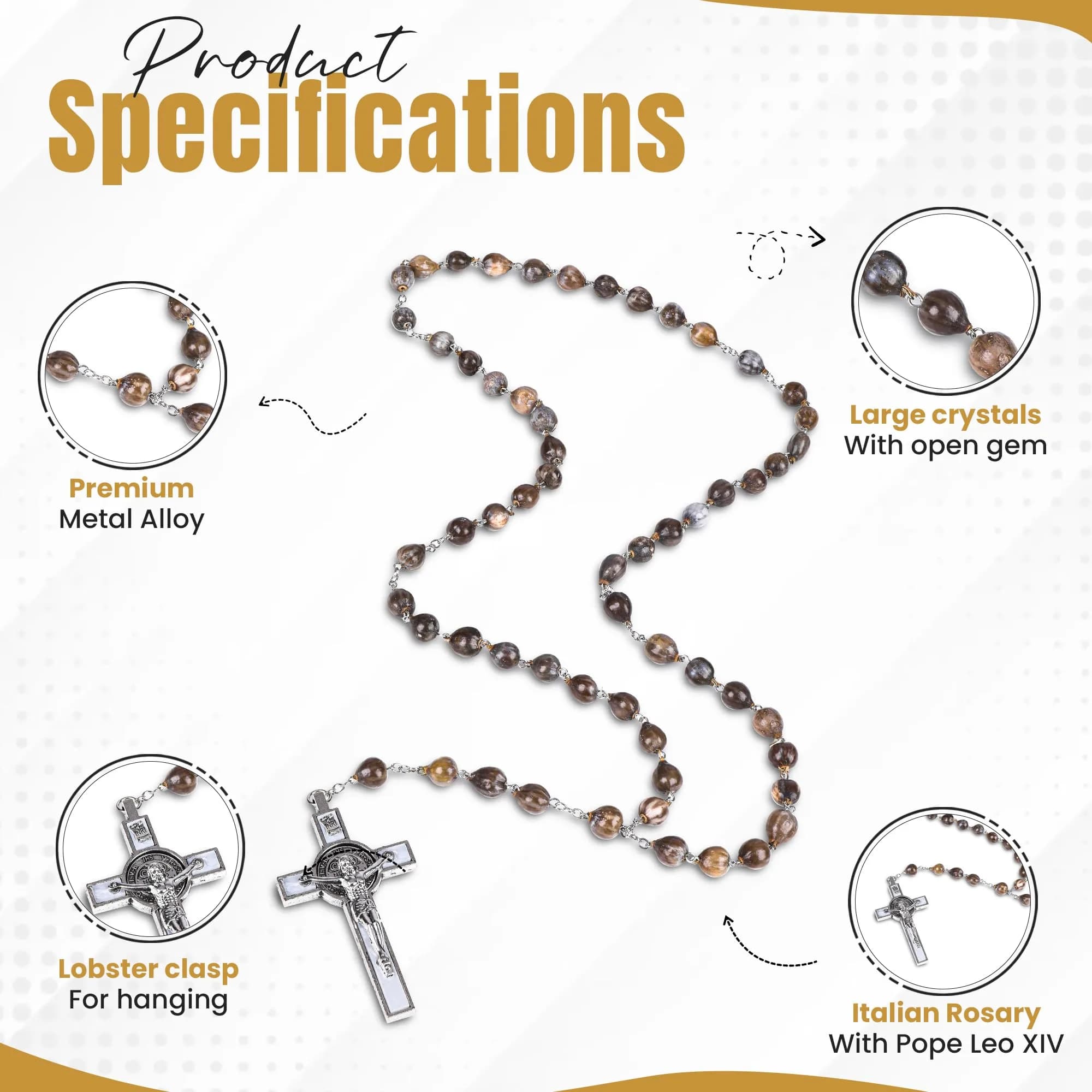 SANCTUM VERITAS Gray Seed Catholic Rosary Necklace | Large Italian Prayer Beads Gift 21.5 cm - view 4