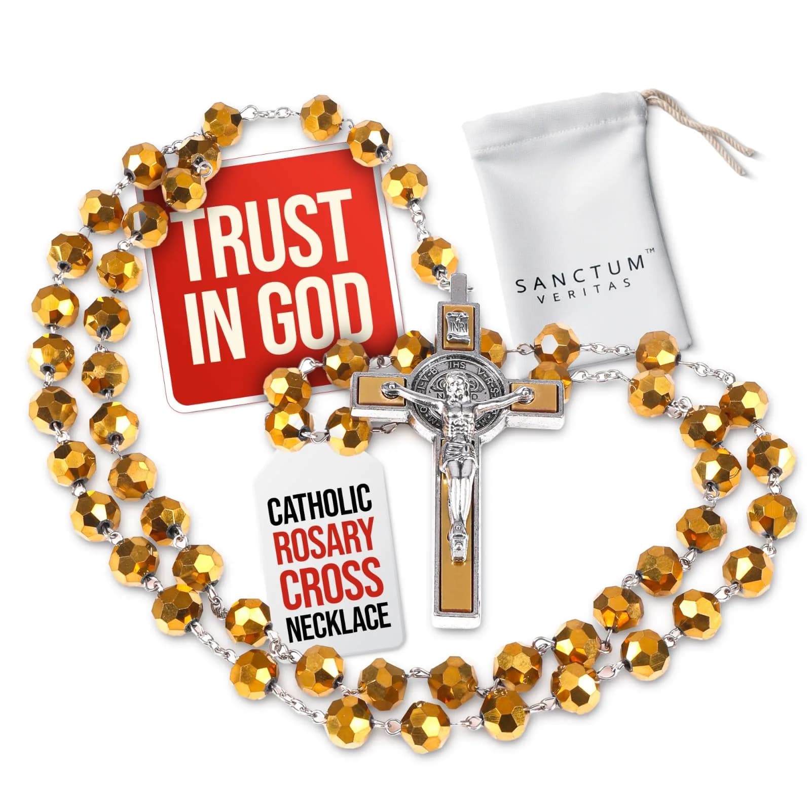 SANCTUM VERITAS Gold Crystal Large Italian Catholic Rosary Necklace 21.5 cm - main product image