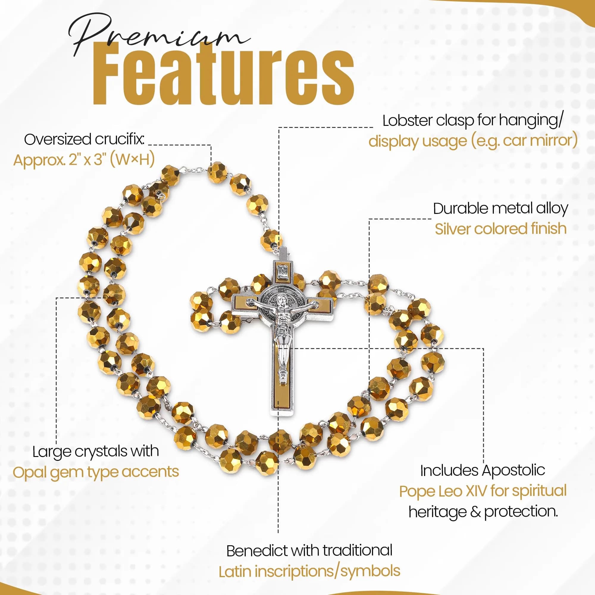 SANCTUM VERITAS Gold Crystal Large Italian Catholic Rosary Necklace 21.5 cm - view 3