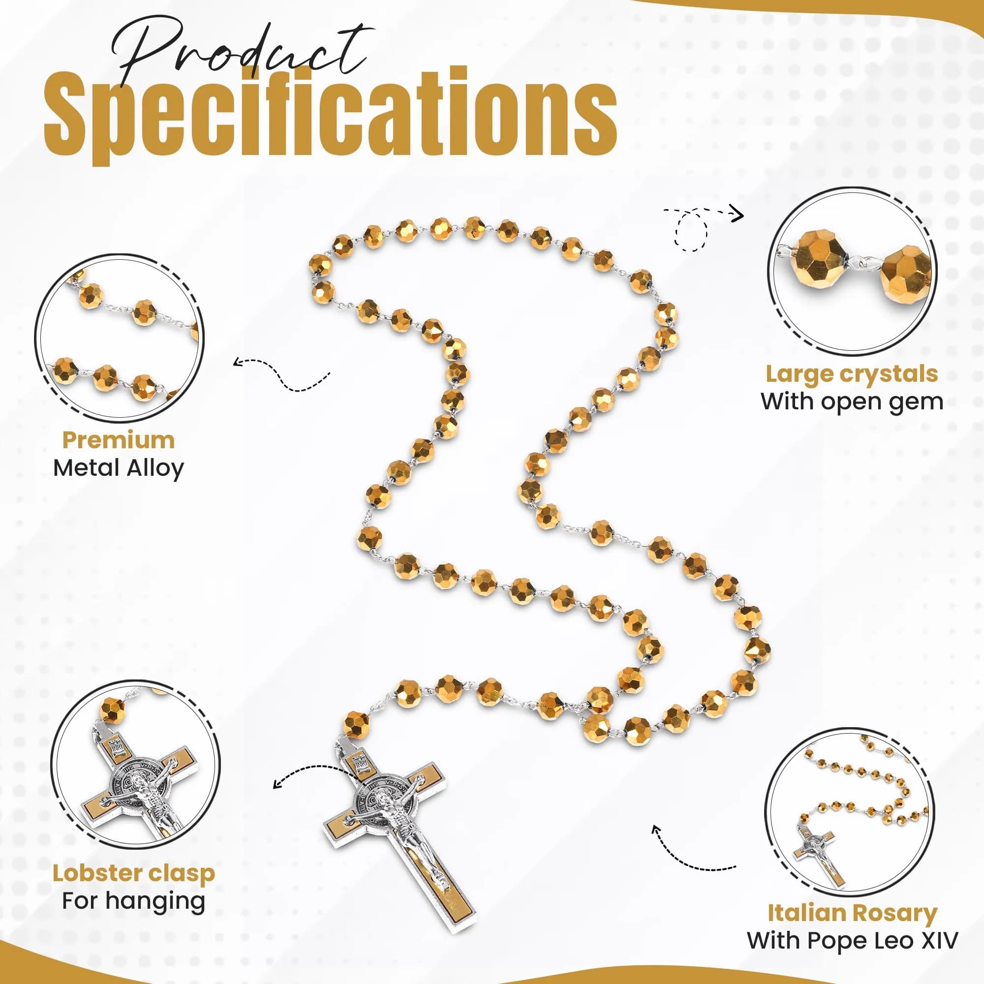 SANCTUM VERITAS Gold Crystal Large Italian Catholic Rosary Necklace 21.5 cm - view 4