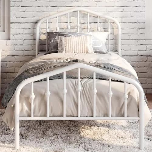 SHA CERLIN Twin Size Metal Bed Frame with Victorian Wrought Iron Headboard, White | Noise-Free Support & Underbed Storage thumbnail 1