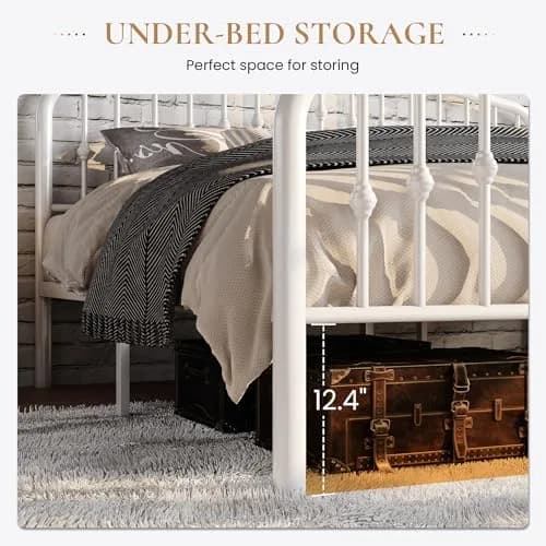 SHA CERLIN Twin Size Metal Bed Frame with Victorian Wrought Iron Headboard, White | Noise-Free Support & Underbed Storage thumbnail 4