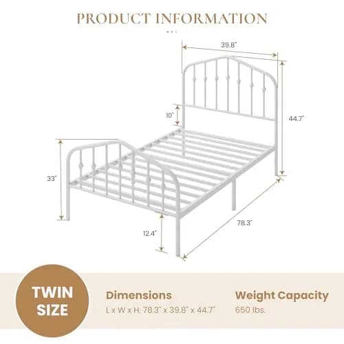 SHA CERLIN Twin Size Metal Bed Frame with Victorian Wrought Iron Headboard, White | Noise-Free Support & Underbed Storage thumbnail 6