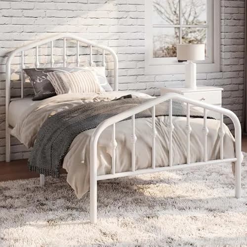 SHA CERLIN Twin Size Metal Bed Frame with Victorian Wrought Iron Headboard, White | Noise-Free Support & Underbed Storage thumbnail 2