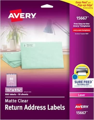 Avery Matte Clear Return Address Labels 0.5" x 1.75" (Pack of 5, 800 Labels Total) | Sure Feed Technology for Laser Printers thumbnail 1