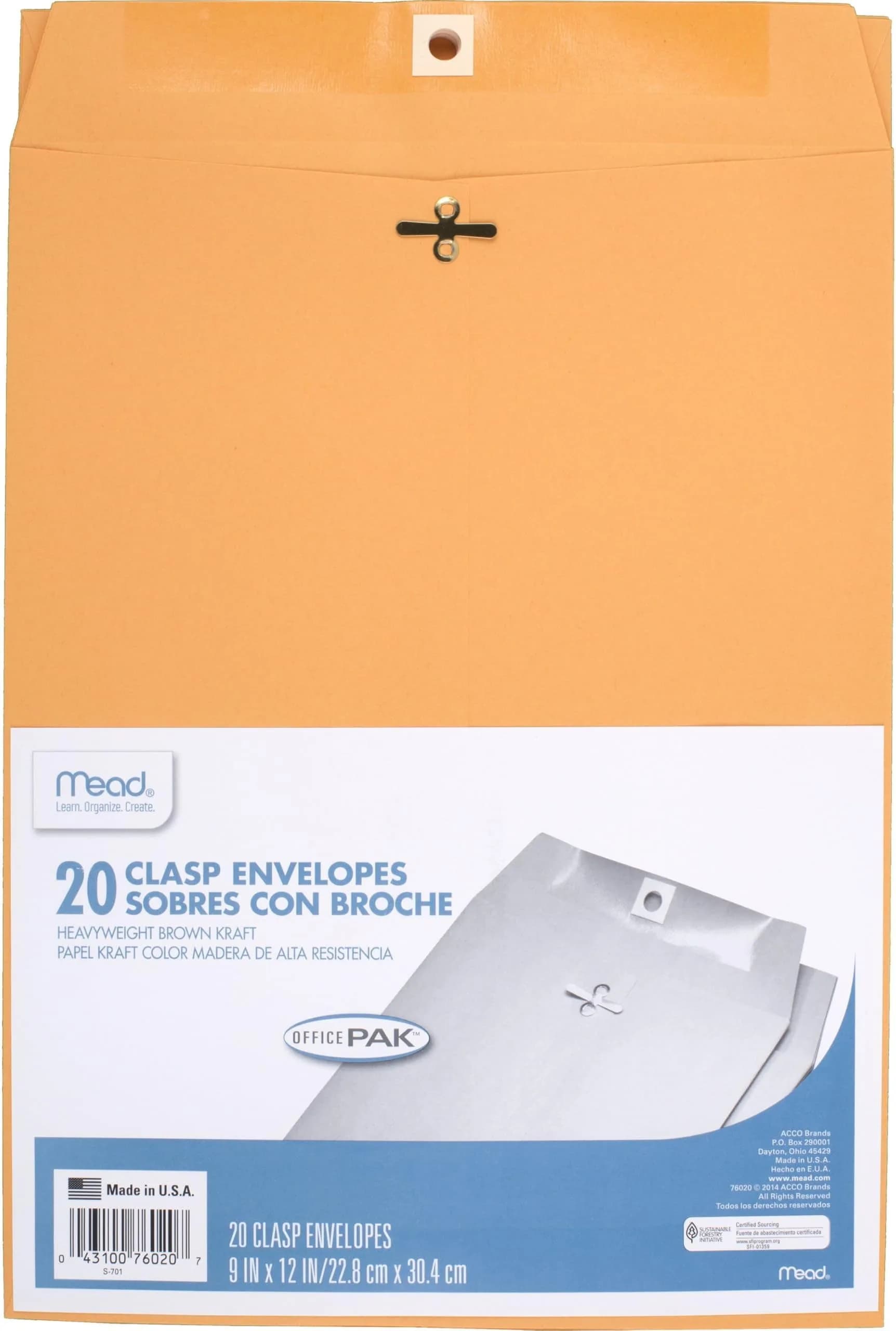 Mead 9" x 12" Clasp Envelopes | Brown Kraft Paper, 240 Count Bulk Pack - main product image