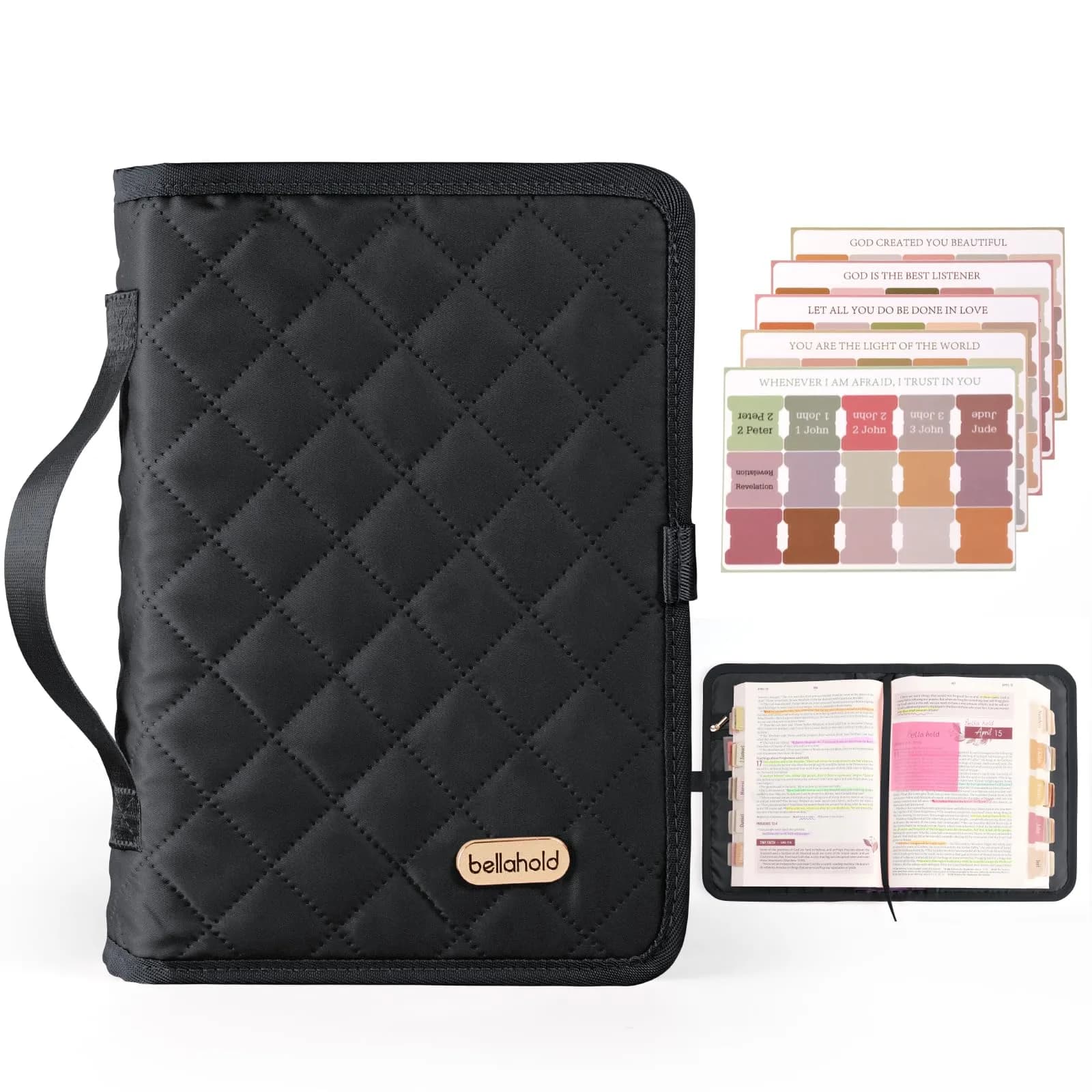 BellaHold Adjustable Bible Cover with 75 Bible Tabs - Black, Size S (21.5 cm x 28.3 cm x 2.2 cm)