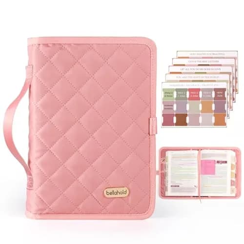 BellaHold Adjustable Bible Cover Case for Women M (9.6" H x 7" W x 2.2" Spine) | Waterproof Quilted Pink Fabric with 75 Bible Tabs thumbnail 1