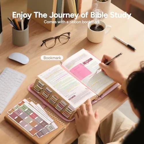 BellaHold Adjustable Bible Cover Case for Women M (9.6" H x 7" W x 2.2" Spine) | Waterproof Quilted Pink Fabric with 75 Bible Tabs thumbnail 6