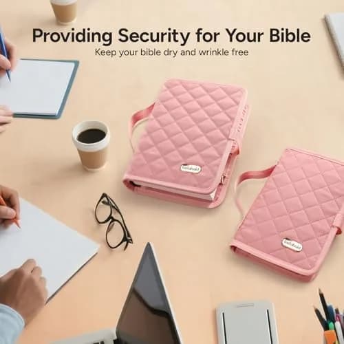 BellaHold Adjustable Bible Cover Case for Women M (9.6" H x 7" W x 2.2" Spine) | Waterproof Quilted Pink Fabric with 75 Bible Tabs thumbnail 7