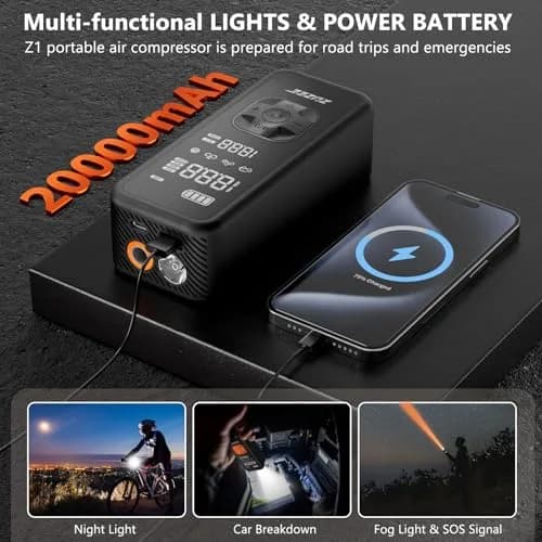 ZUZEE Portable Tire Inflator Air Compressor 150PSI | 4X Faster Inflation, Digital Pressure Gauge, LED Light thumbnail 6