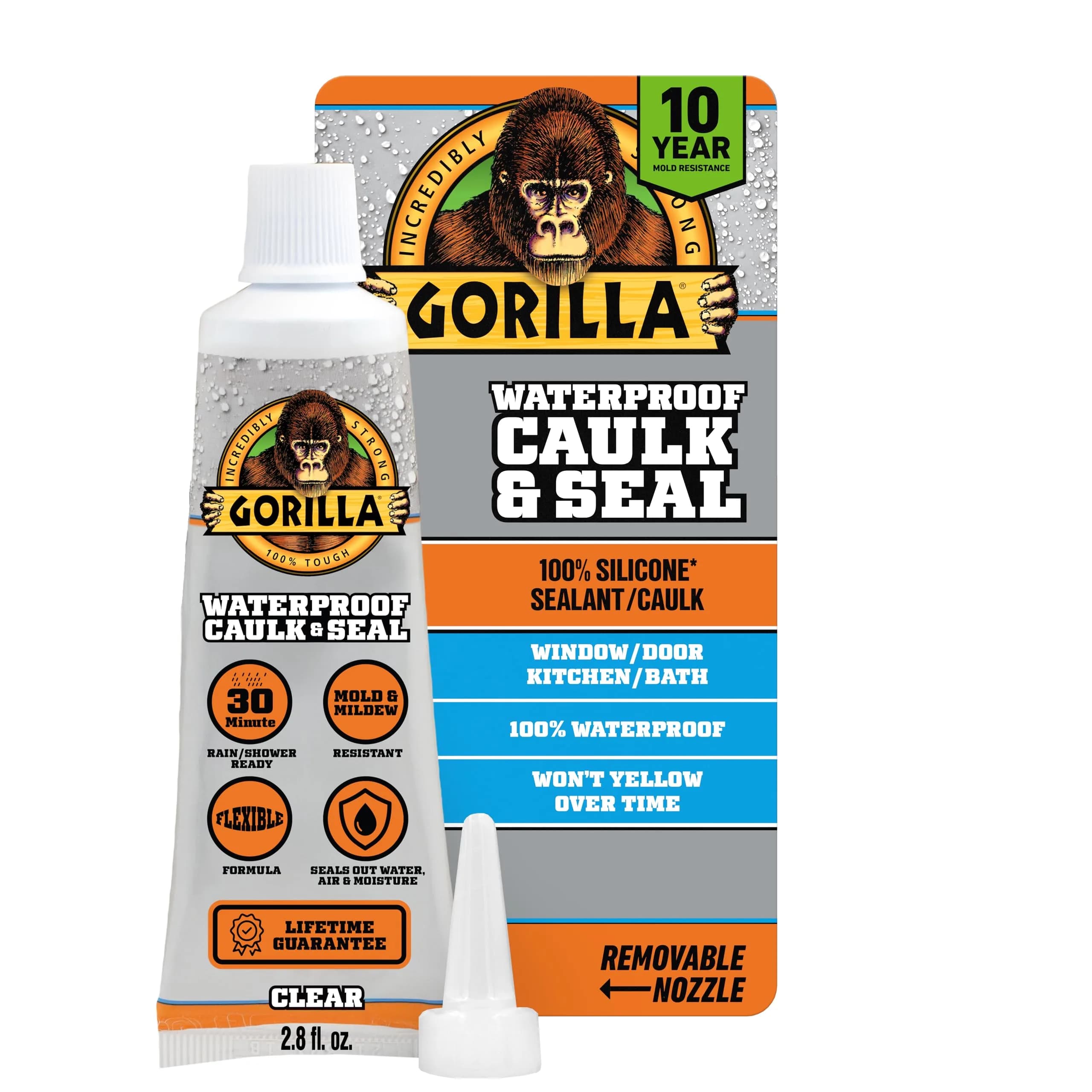 Gorilla 100% Silicone Caulk Waterproof Sealant 2.8oz Clear | Mold & Mildew Resistant, Ready in 30 Min — Clear