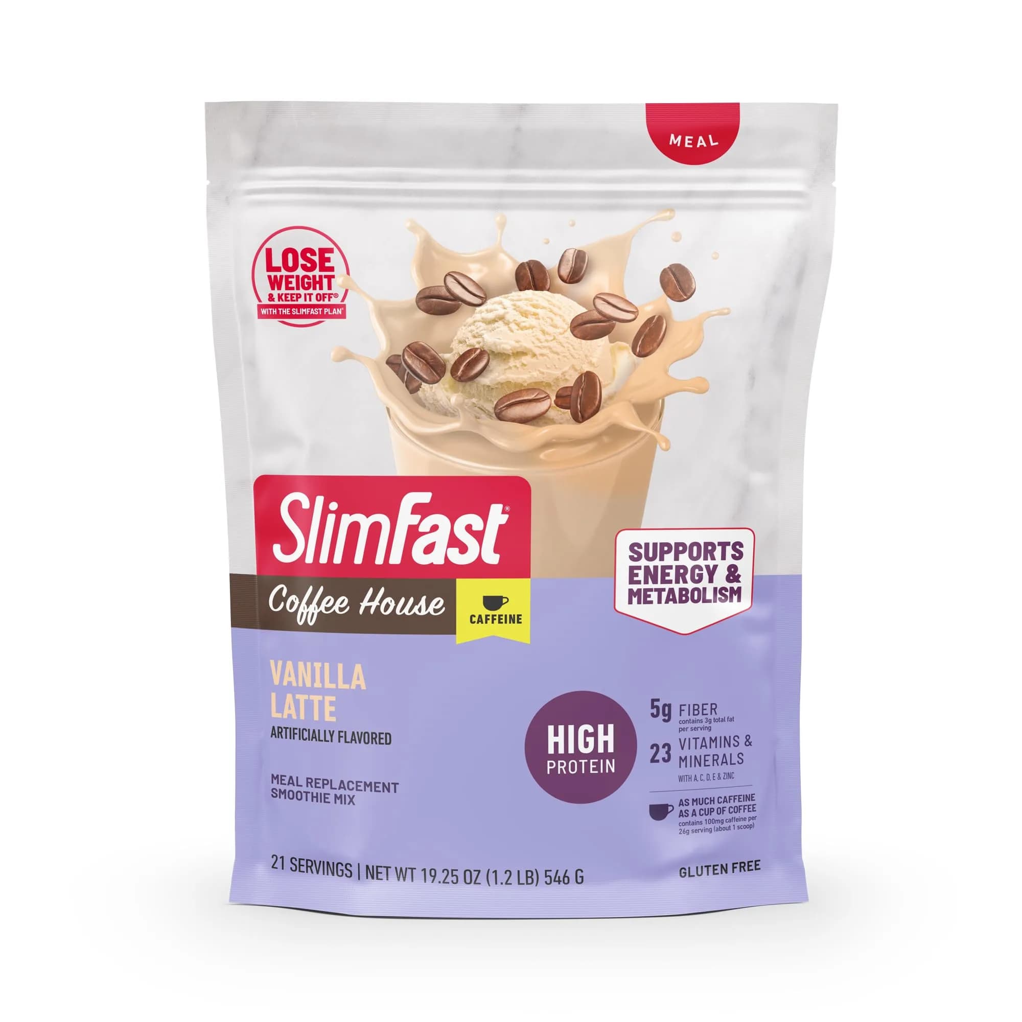 SlimFast High Protein Meal Replacement Powder, Vanilla Latte, 19.25 Oz | Caffeine & Vitamin Blend