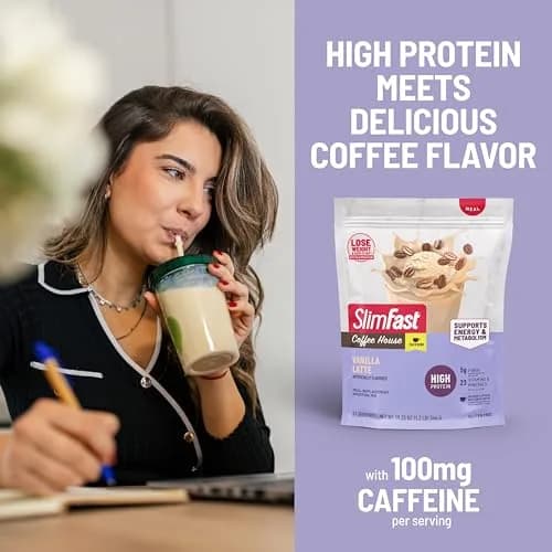 SlimFast High Protein Meal Replacement Powder, Vanilla Latte, 19.25 Oz | Caffeine & Vitamin Blend thumbnail 5