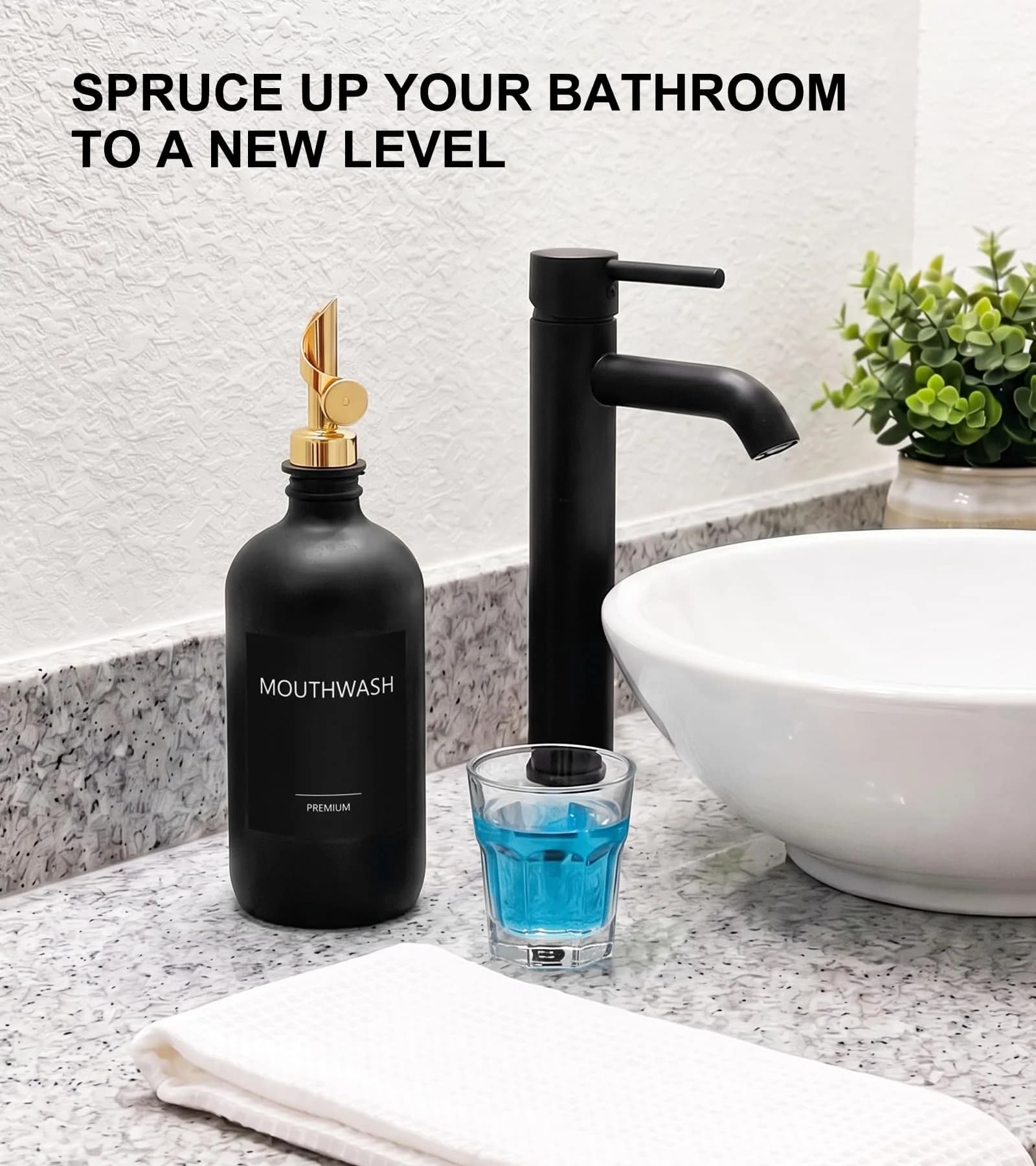 TOLDATLI Black 17oz Glass Mouthwash Dispenser with Cup | Matte Finish, Auto Flip Cap - view 6