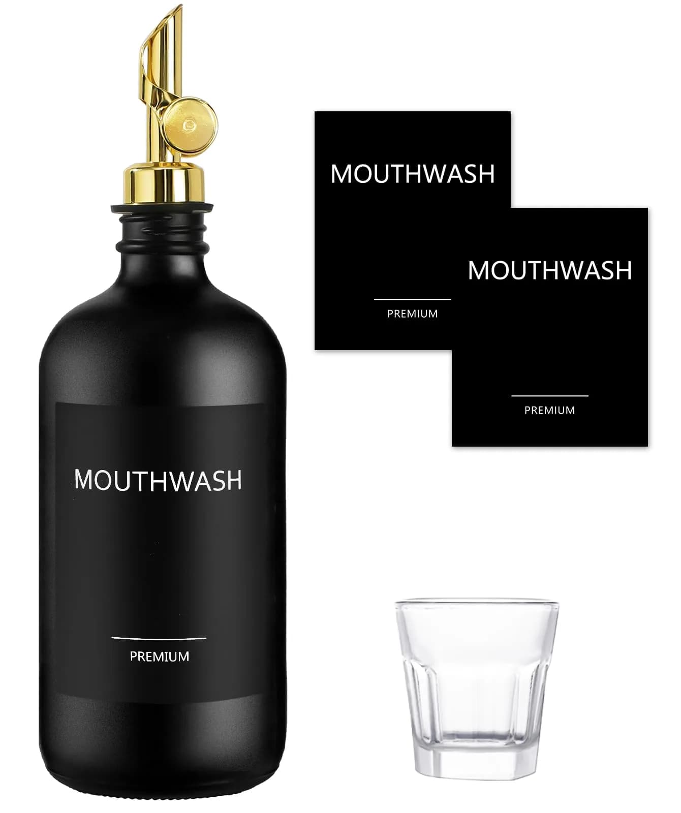 TOLDATLI Black 17oz Glass Mouthwash Dispenser with Cup | Matte Finish, Auto Flip Cap - main product image