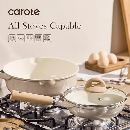 CAROTE 10 inch Ceramic Frying Pan with Lid | 25 cm (10 inch) Diameter, Taupe thumbnail 5