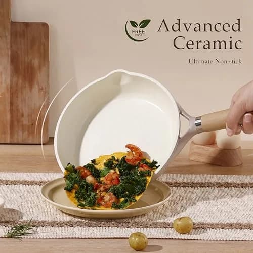 CAROTE 10 inch Ceramic Frying Pan with Lid | 25 cm (10 inch) Diameter, Taupe thumbnail 3