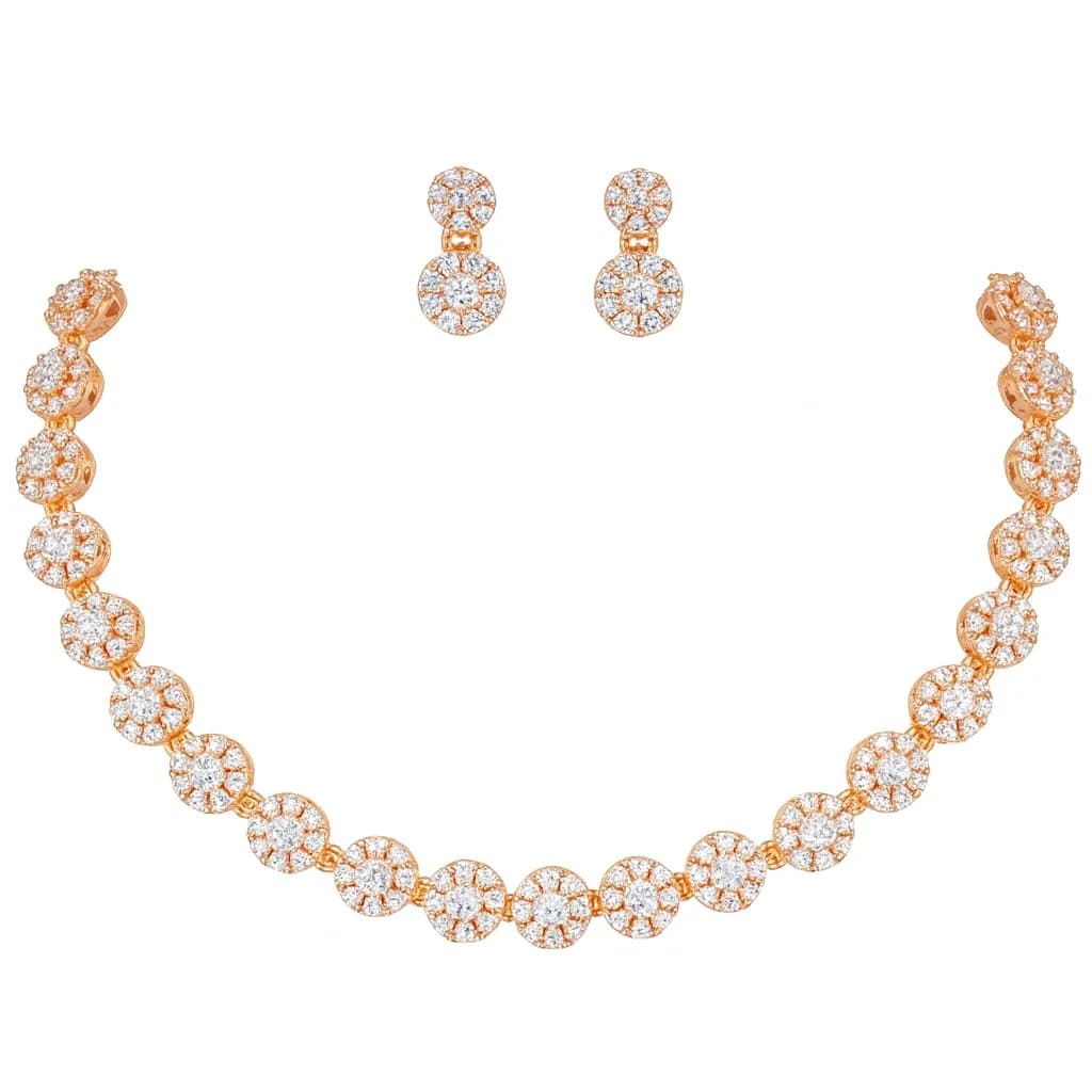 Nilu's Collection Jewelry Set Rose Gold/Silver Plated | American Diamond Stones | Anti Tarnish | Perfect for Weddings & Occasions (Large) — Rose Gold Style 1