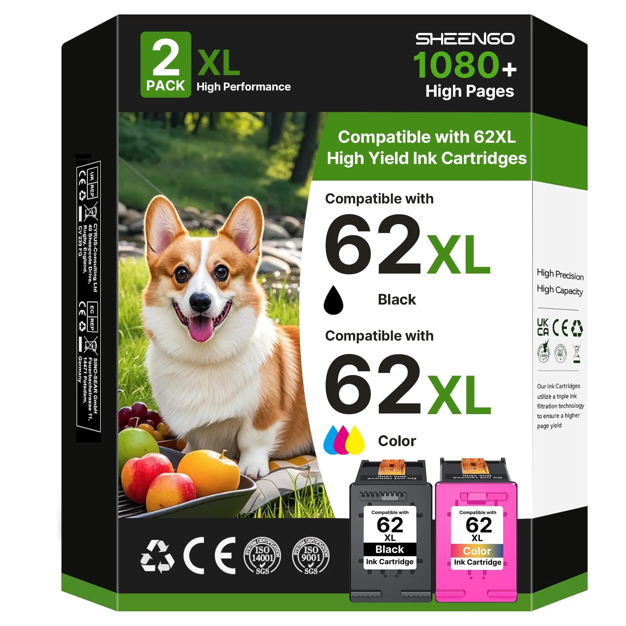 SHEENGO 62XL Ink Cartridges Black and Color | High Yield for HP Envy & OfficeJet Series