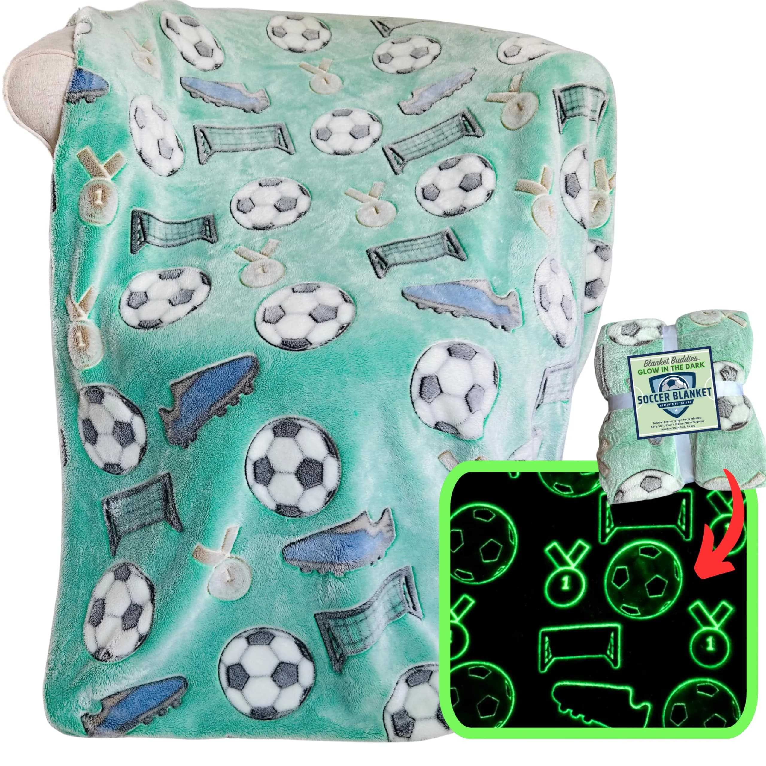 Blanket Buddies Glow in The Dark Soccer Throw Blanket 127cm x 152cm (50" x 60") | Fun Soccer Gift for Boys & Girls - main product image