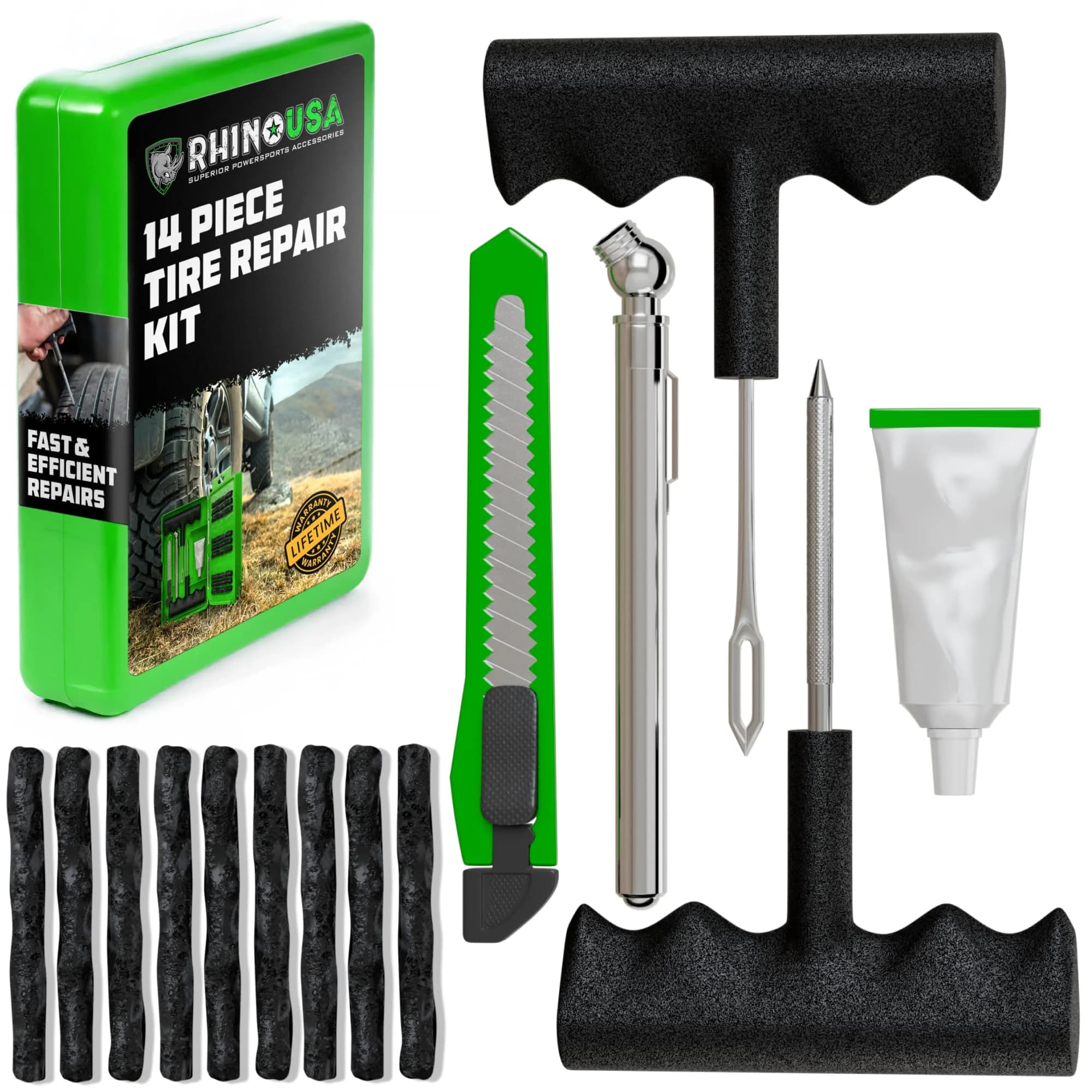 Rhino USA Compact Tire Plug Kit 14-Piece Set | Emergency Flat Tire Repair Tool for Cars, Trucks, Motorcycles — Green