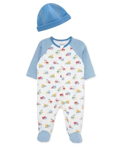 Little Me Baby Boys 100% Cotton Footie and Cap Set, Newborn, Blue Trucks | Ultra-Soft, Snuggle-Approved thumbnail 1