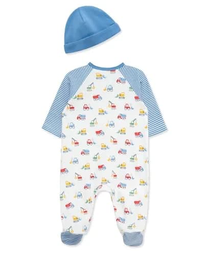 Little Me Baby Boys 100% Cotton Footie and Cap Set, Newborn, Blue Trucks | Ultra-Soft, Snuggle-Approved thumbnail 2