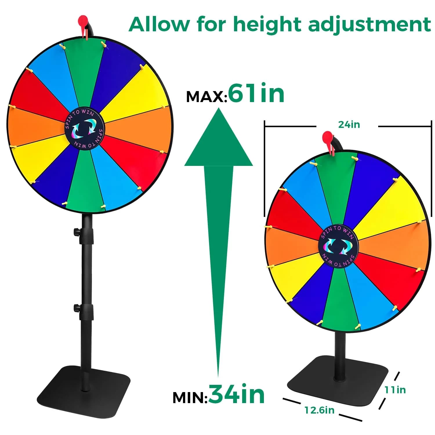 LRMBKM Heavy Duty Spinning Prize Wheel 62.23cm (24 inch) | Adjustable Height 86cm-155cm (34"-61") with 12 Slots & Dry Erase Marker - view 2