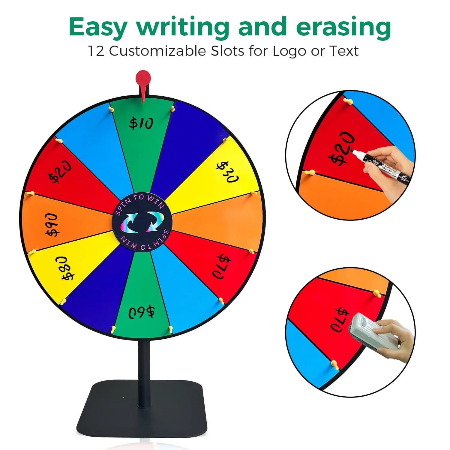 LRMBKM Heavy Duty Spinning Prize Wheel 62.23cm (24 inch) | Adjustable Height 86cm-155cm (34"-61") with 12 Slots & Dry Erase Marker - view 3