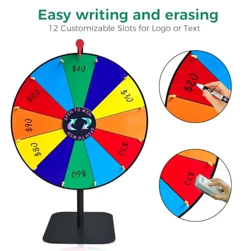 LRMBKM Heavy Duty Spinning Prize Wheel 62.23cm (24 inch) | Adjustable Height 86cm-155cm (34"-61") with 12 Slots & Dry Erase Marker thumbnail 3
