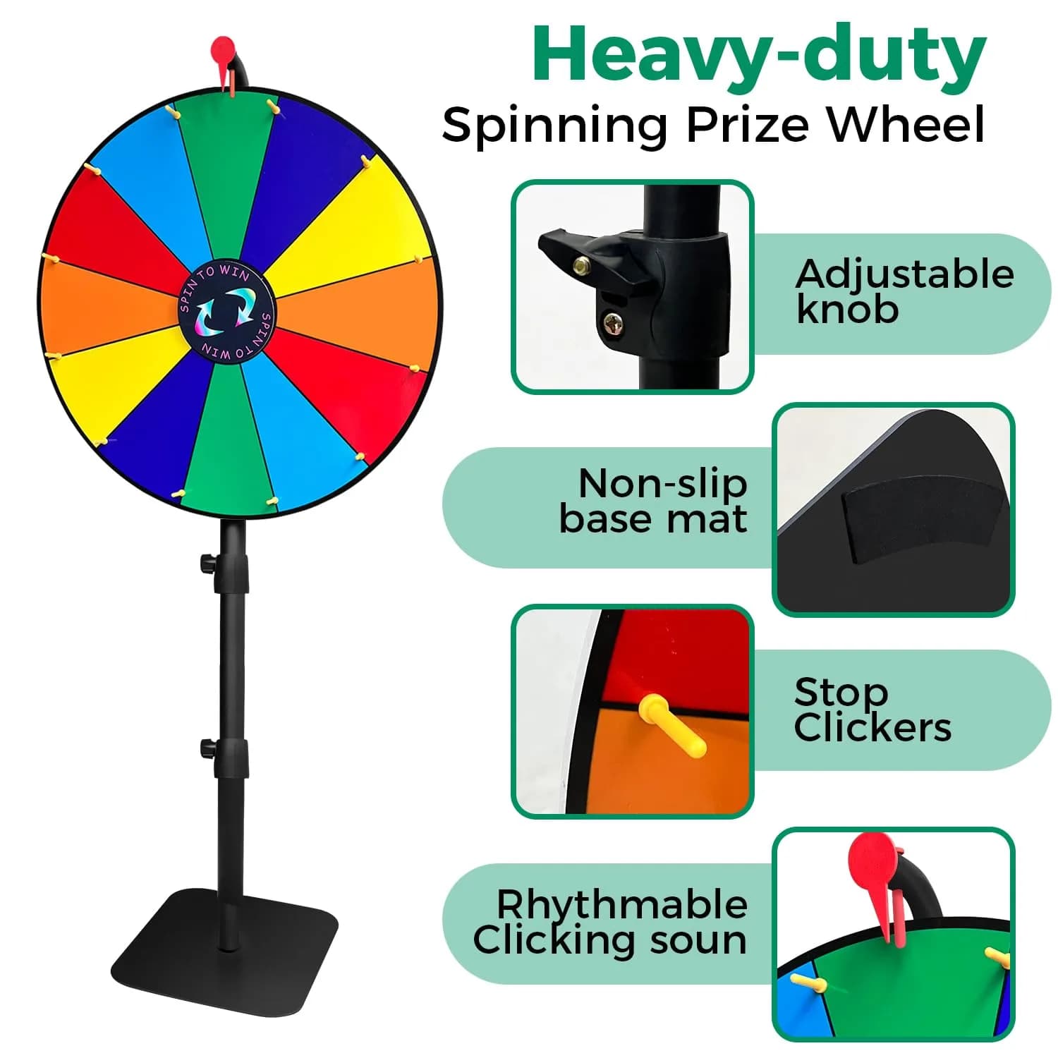 LRMBKM Heavy Duty Spinning Prize Wheel 62.23cm (24 inch) | Adjustable Height 86cm-155cm (34"-61") with 12 Slots & Dry Erase Marker - view 4