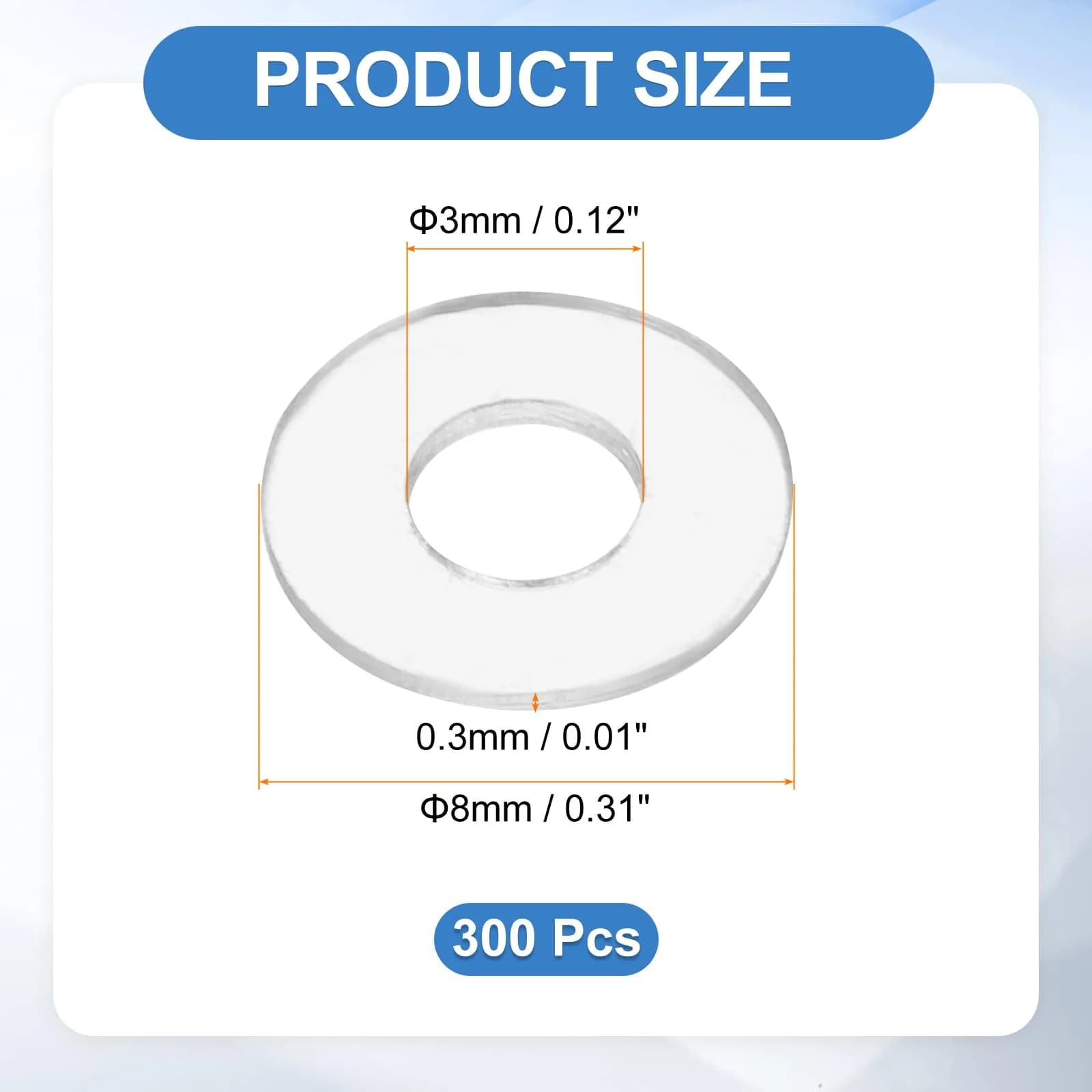 HARFINGTON M3 PVC Flat Washers 3mm ID 8mm OD 0.3mm Thick | 300-Pack Sealing Gasket Rings - view 2