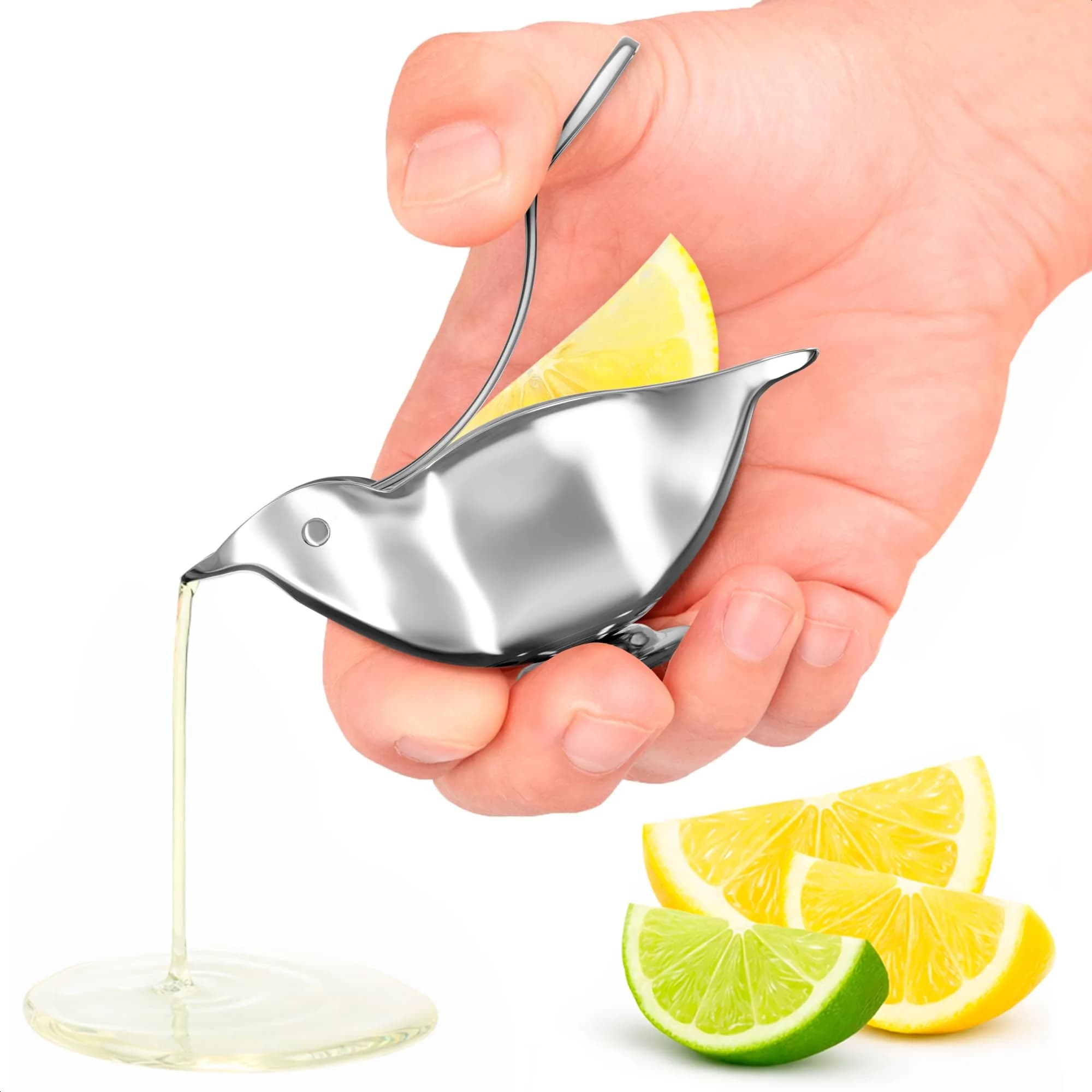 LEGLO Mini Bird Lemon Slice Squeezer Stainless Steel Lime Wedge Hand Juicer | Extracts More Juice with Less Effort — Silver-small