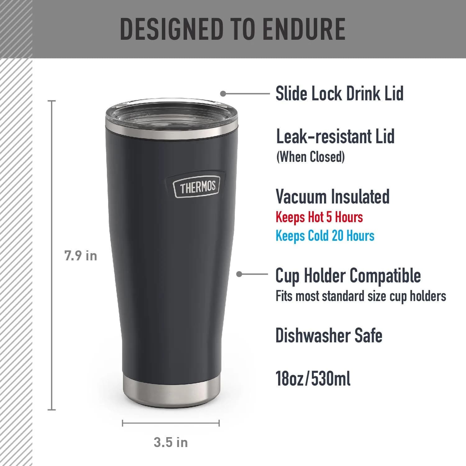 THERMOS Icon Series Stainless Steel Tumbler with Slide Lock 18 Ounce (532ml) Granite | Keeps Drinks Hot or Cold for Hours - view 2