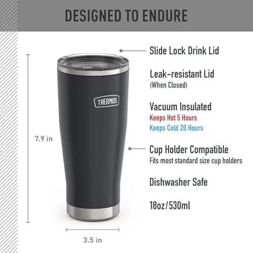 THERMOS Icon Series Stainless Steel Tumbler with Slide Lock 18 Ounce (532ml) Granite | Keeps Drinks Hot or Cold for Hours thumbnail 2