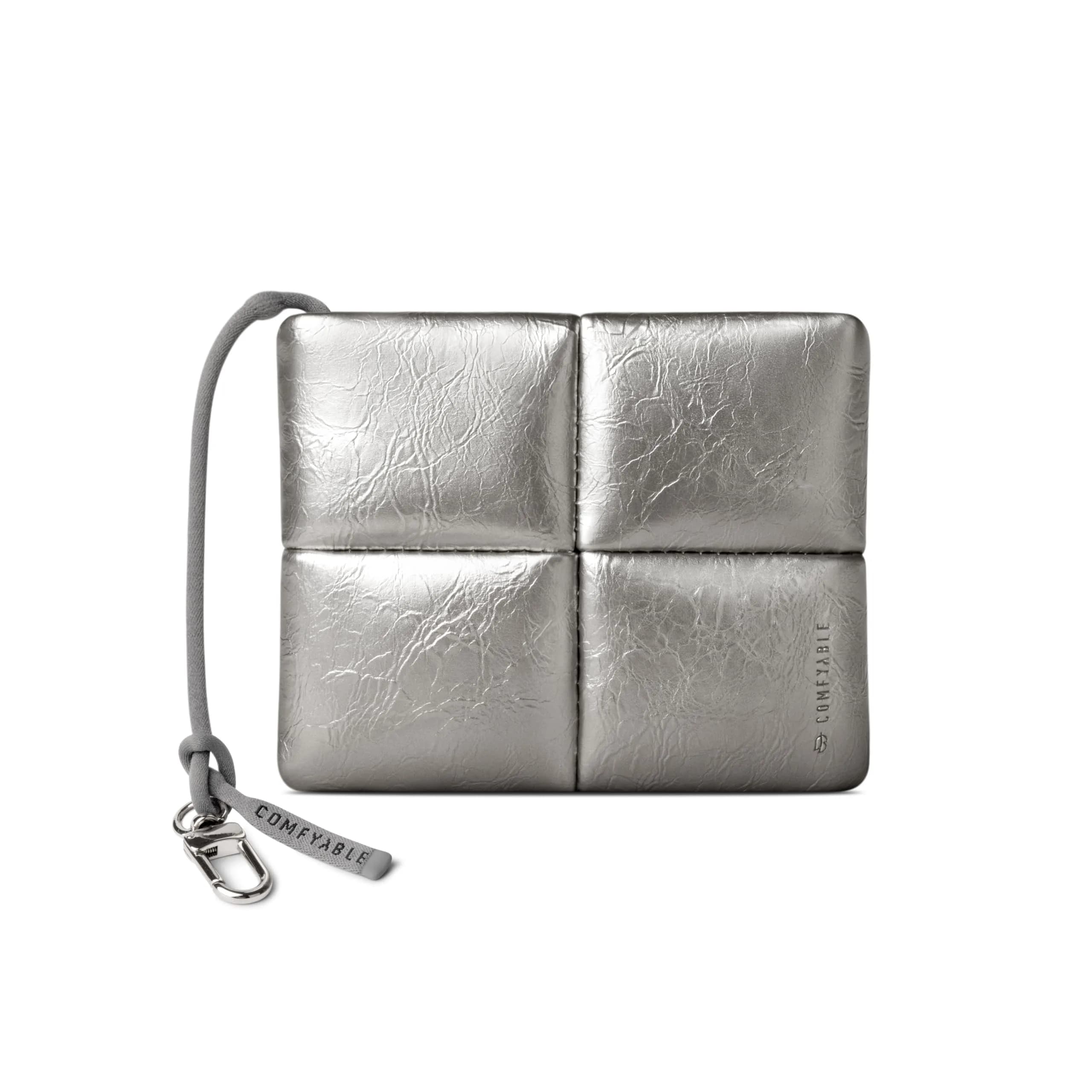 Comfyable Puffy Coin Purse Pouch Small Organizer Silver | Water-Repellent PU Leather with Hidden Lanyard - main product image