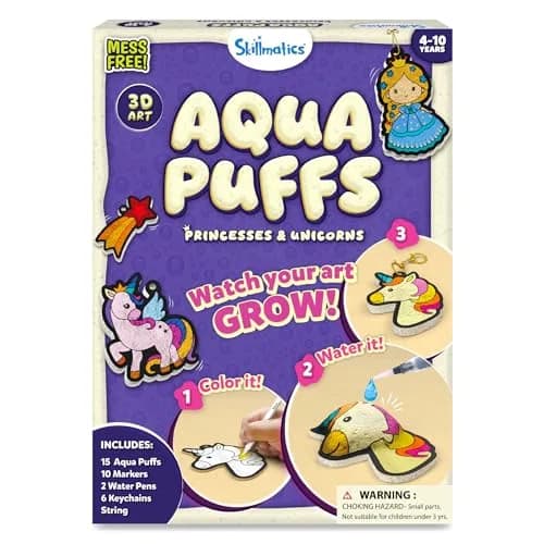 Skillmatics Aqua Puffs 3D Art Kit Animals | Mess-Free Paint by Number Craft for Kids Ages 4-10 — Princesses & Unicorns
