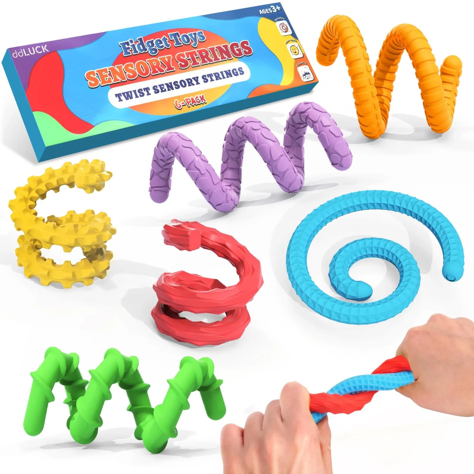 ddLUCK Textured Silicone Sensory Fidget Sticks 6 Pack | Calming, Portable & Easy to Clean — Red, Orange, Yellow, Green, Blue