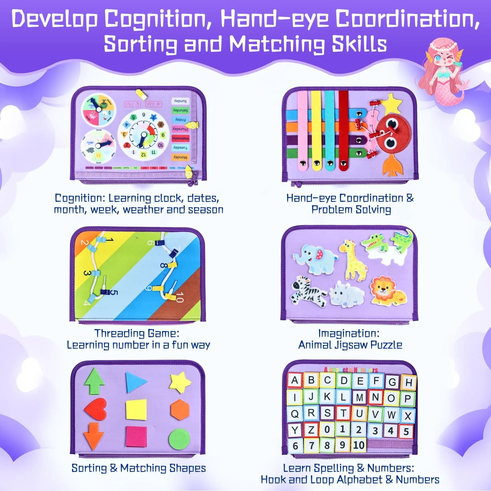 Esjay Busy Board Montessori Toys for Girls, Purple Multipages | Educational Activities for Fine Motor Skills - view 3
