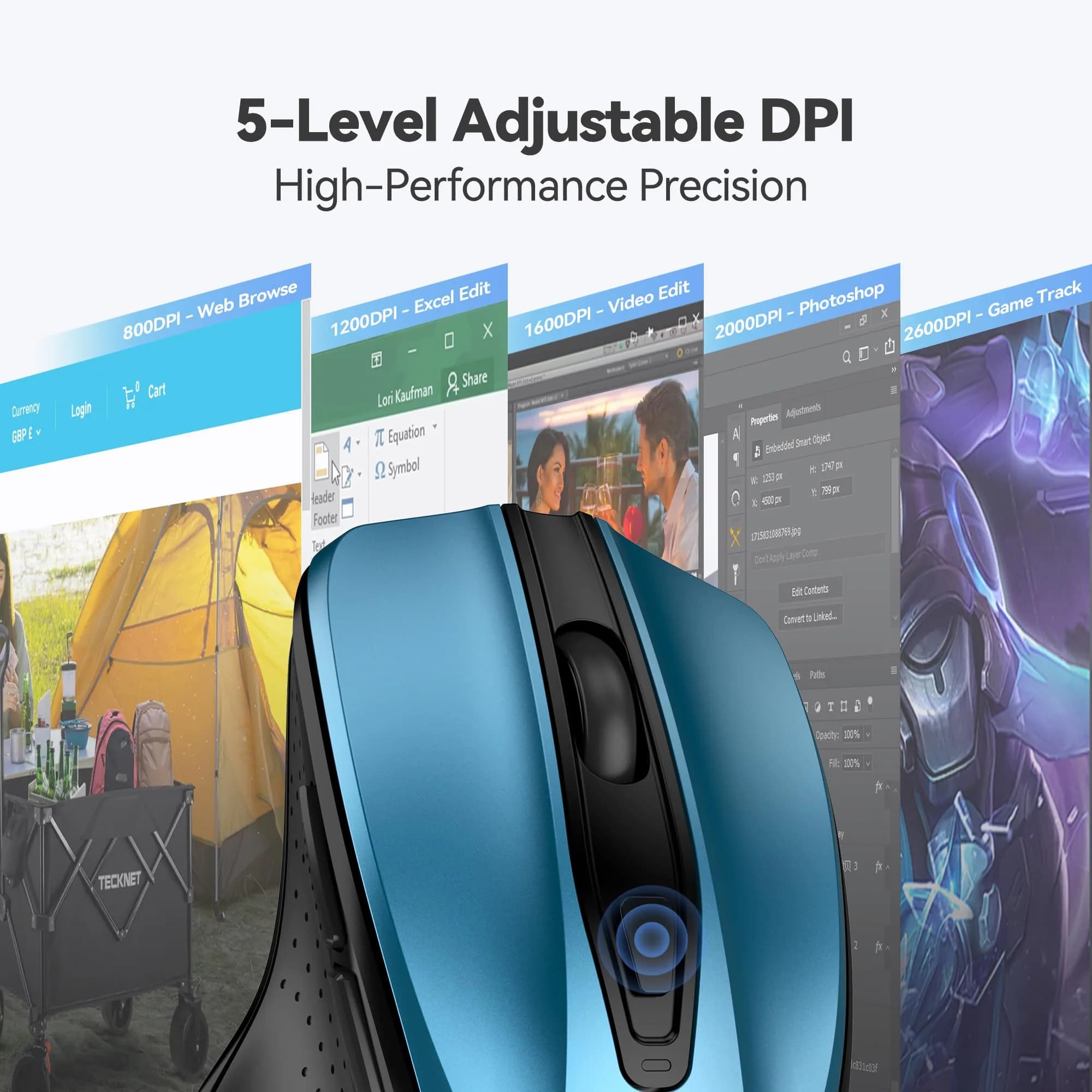 TECKNET Wireless Mouse M003, Azure Ergonomic 2.4G Computer Mouse with 2600 DPI for Right-Handed Users - view 4